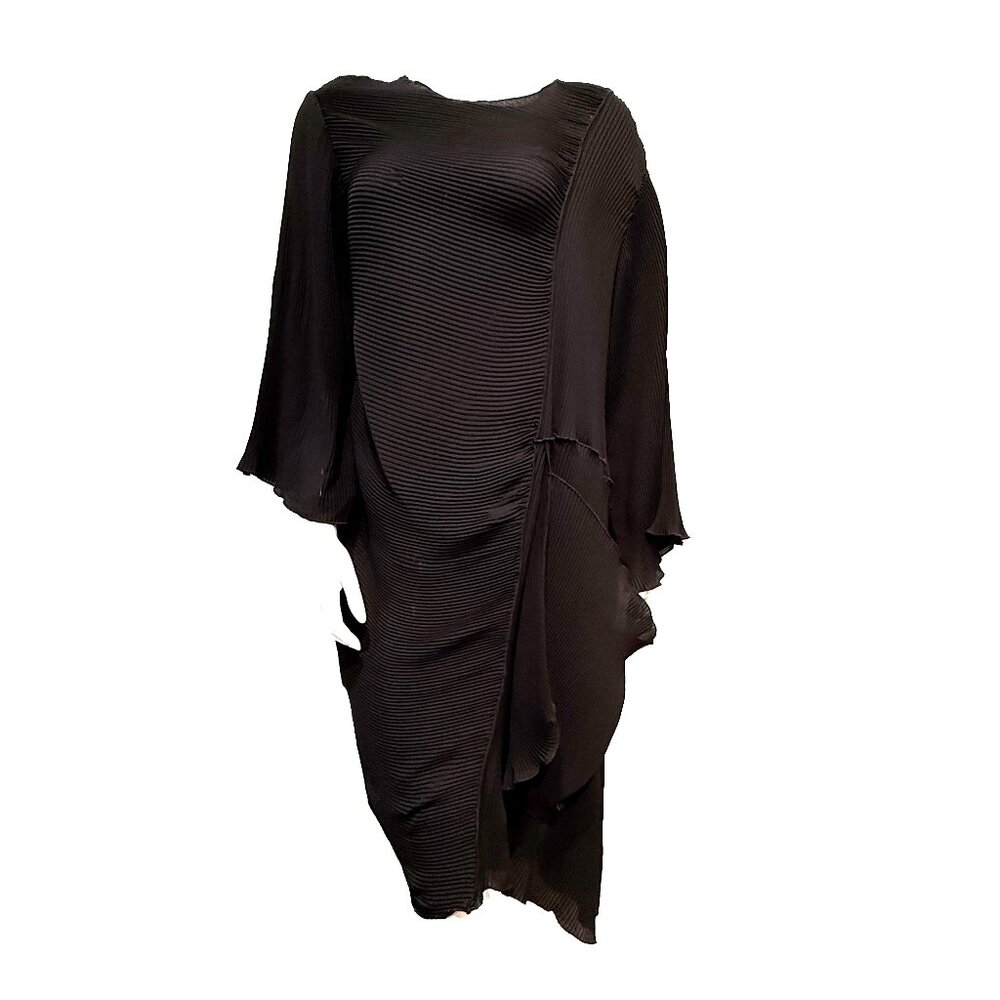 Heydari Pleated Asymmetrical Hem Dress Tunic Black One Size Plissé Fabric - Picture 2 of 10